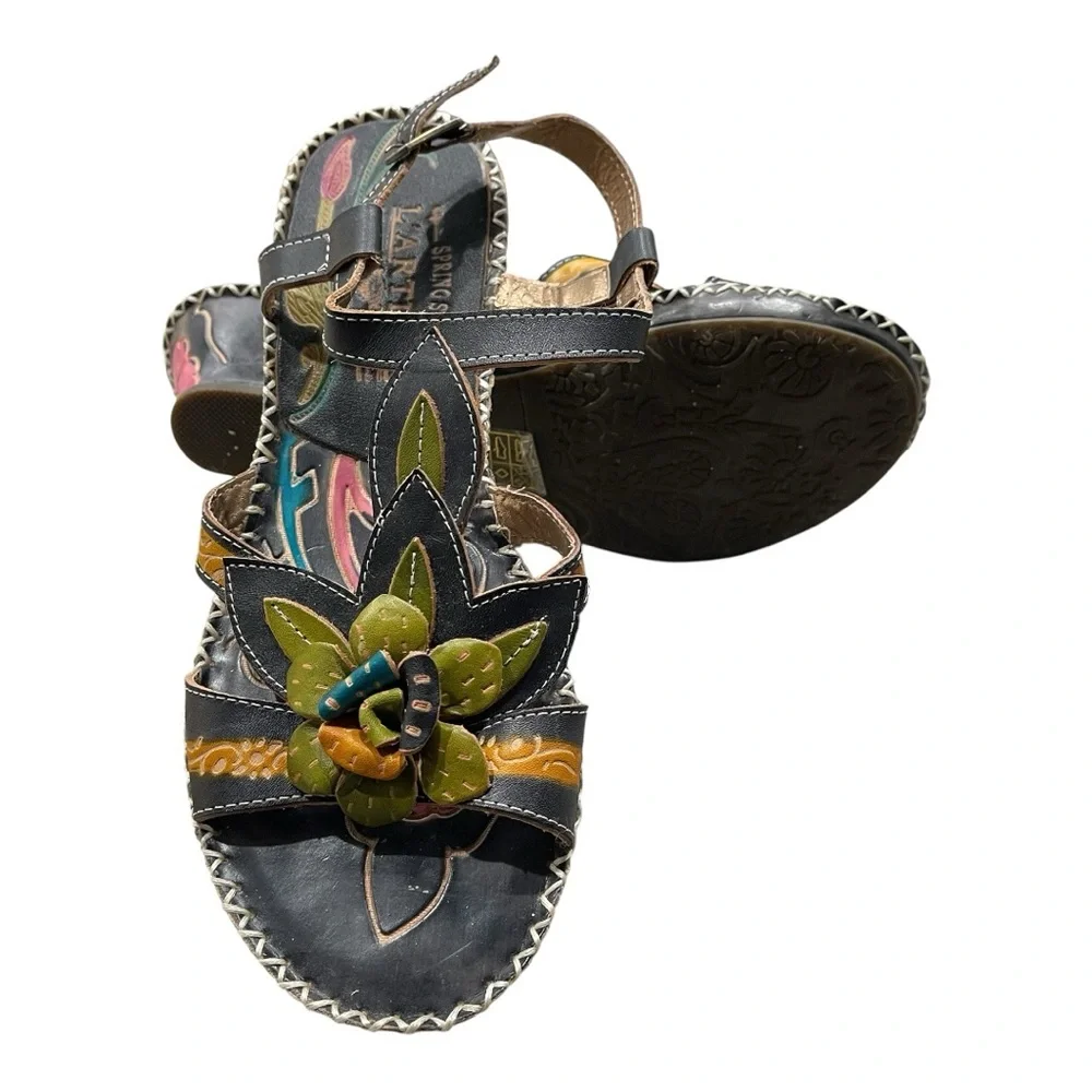 L’Artiste Spring Step Floral Leather Wedge Sandals Black | Size EU 37 US 6.5-7